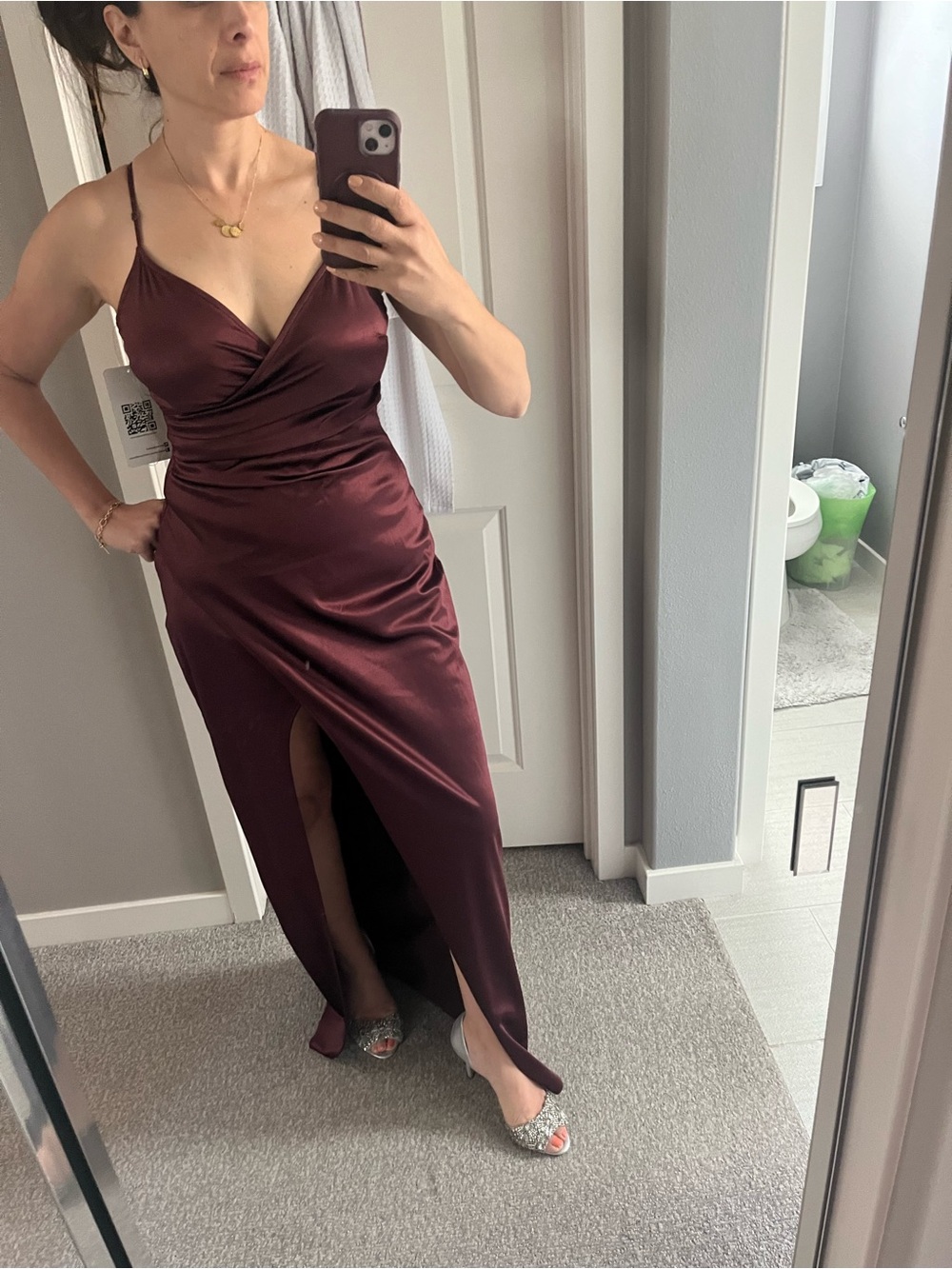 Emerald Sundae Burgundy Satin Maxi Dress with Thigh Slit